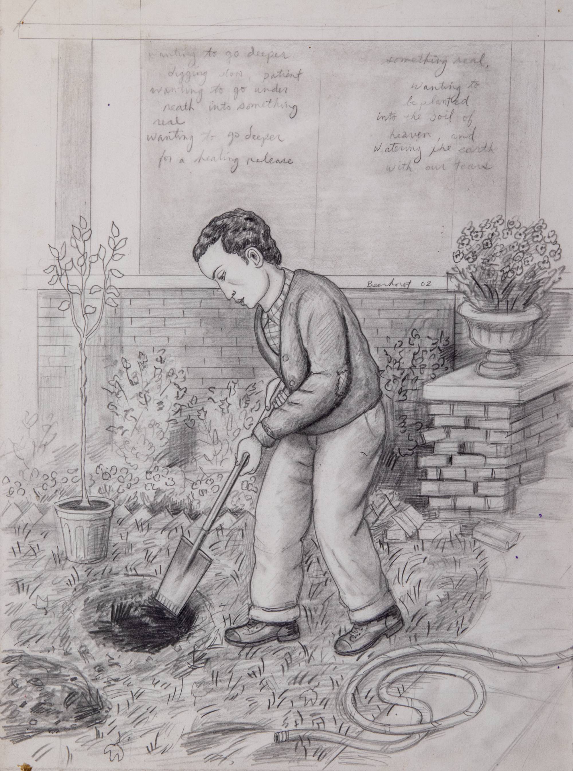 graphite drawing of man digging hole with shovel in front of house